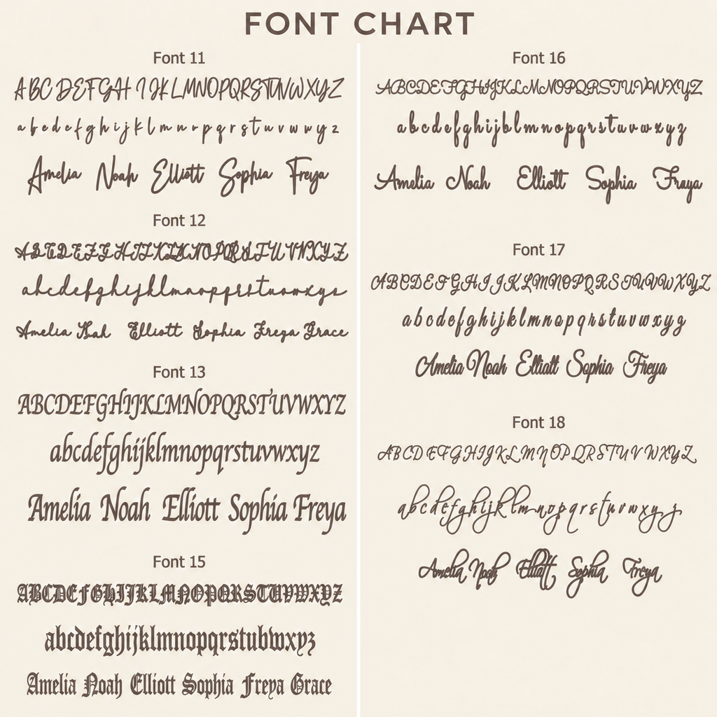 Font chart for Fonts 11, 12, 13, 15, 16, 17 and 18