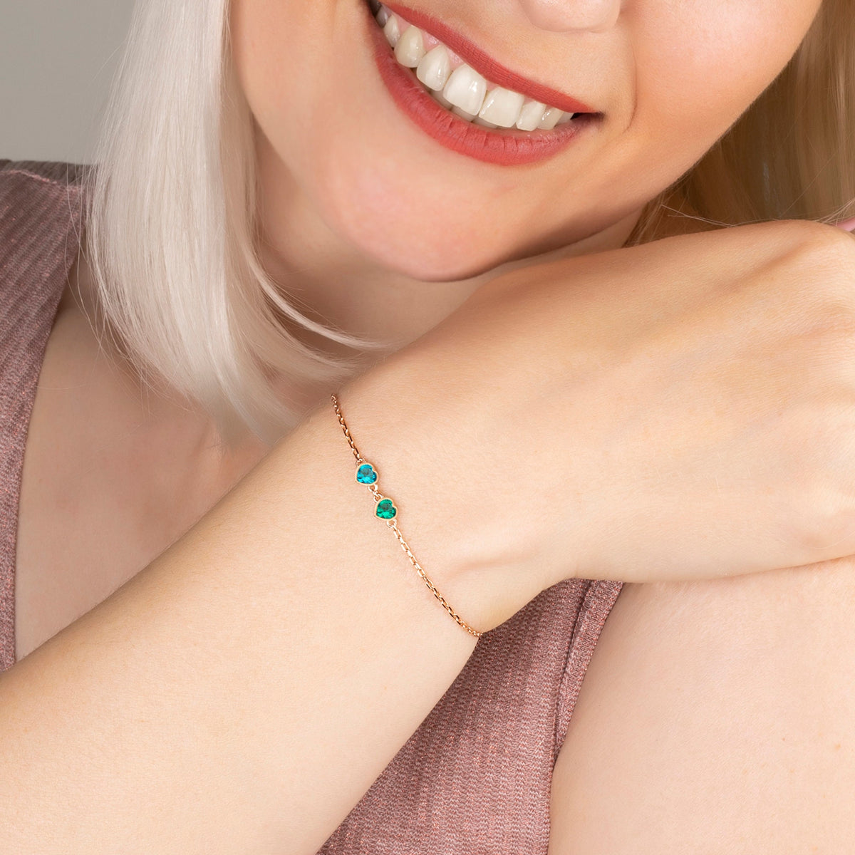 Custom Sterling Silver Heart Birthstone Bracelet