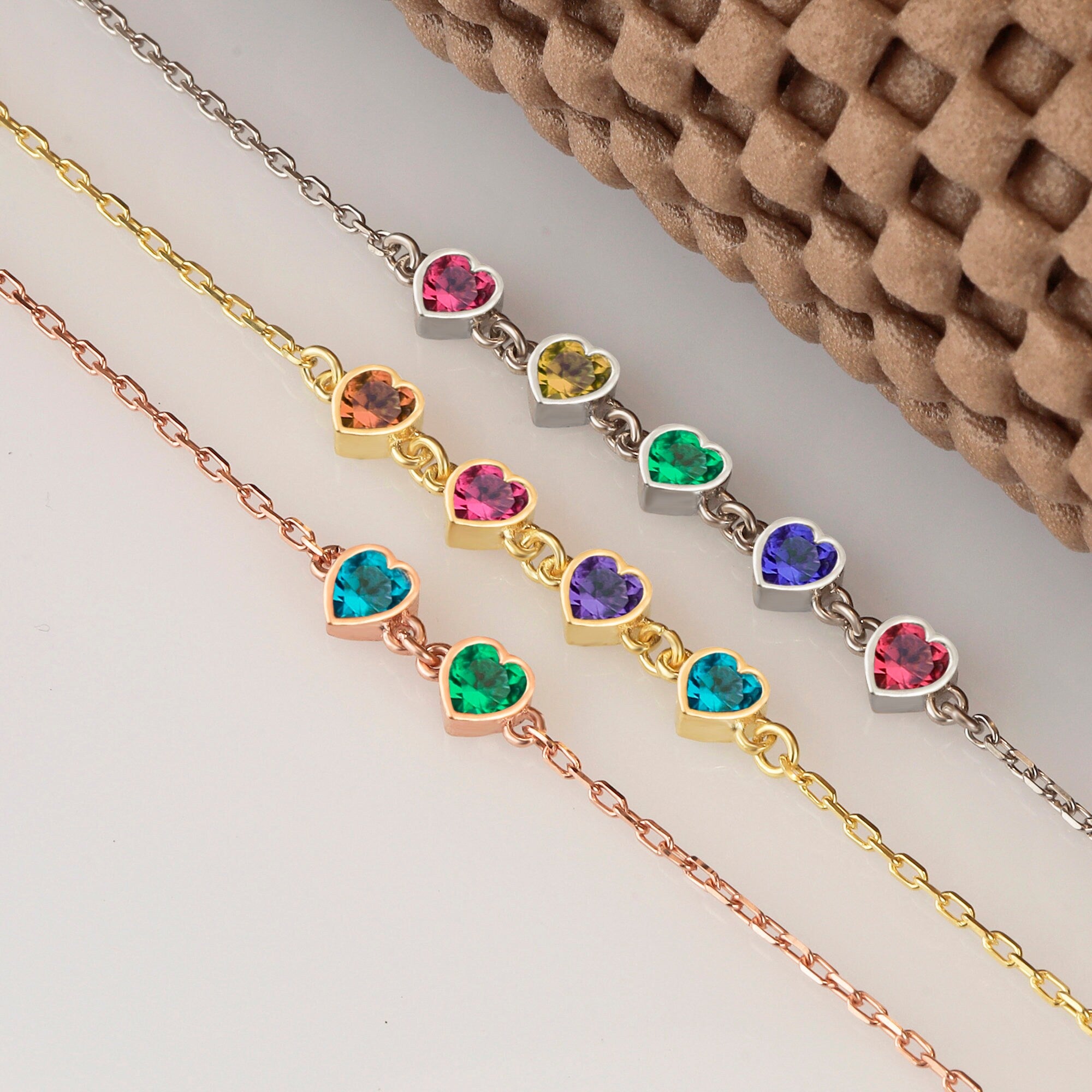 Custom Sterling Silver Heart Birthstone Bracelet