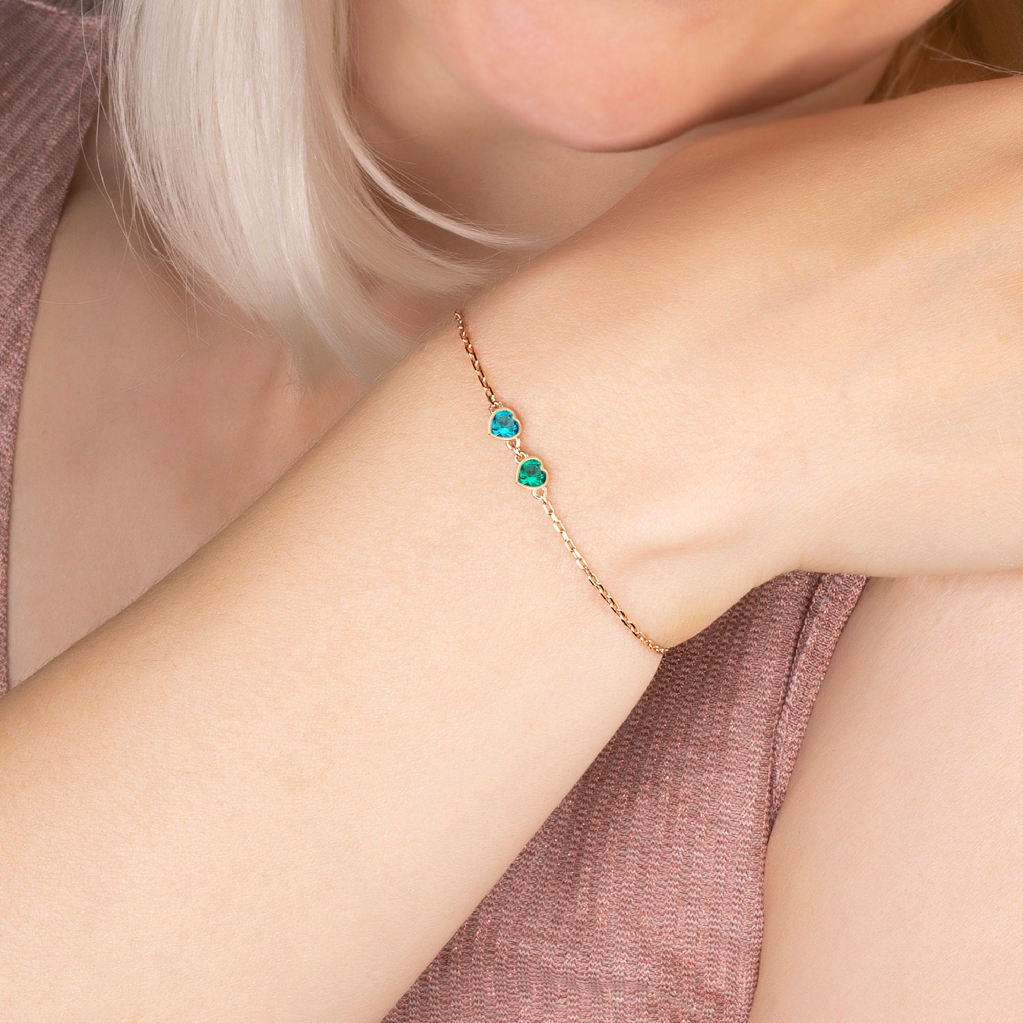 Custom Sterling Silver Heart Birthstone Bracelet