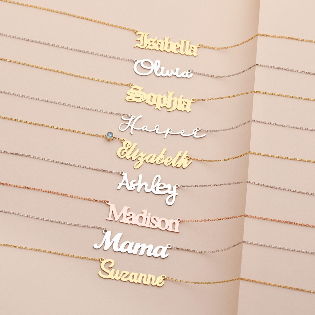 Gold Name Necklace with Birthstone