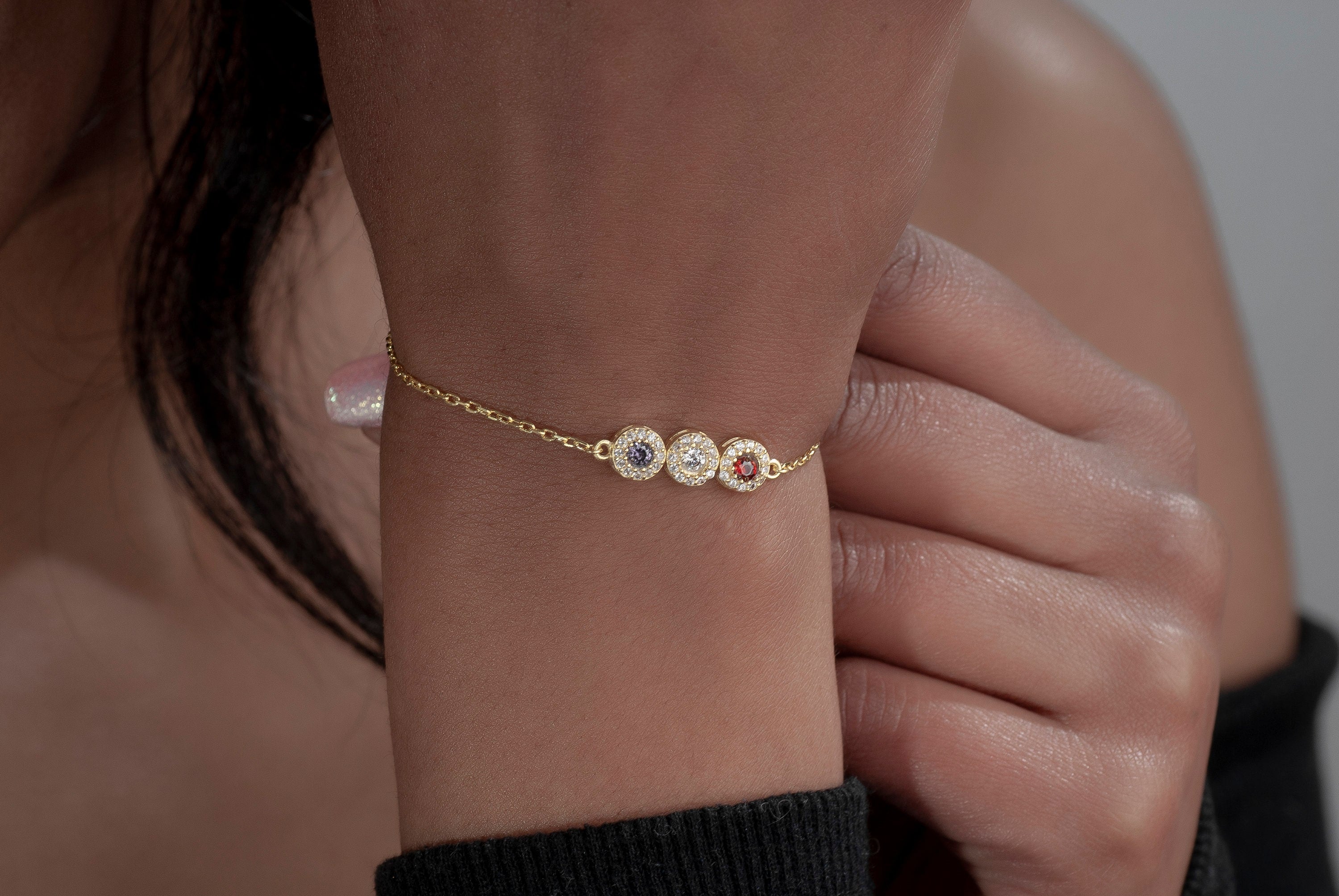 Custom Family Birthstone Gold Bracelet from Children to Mother