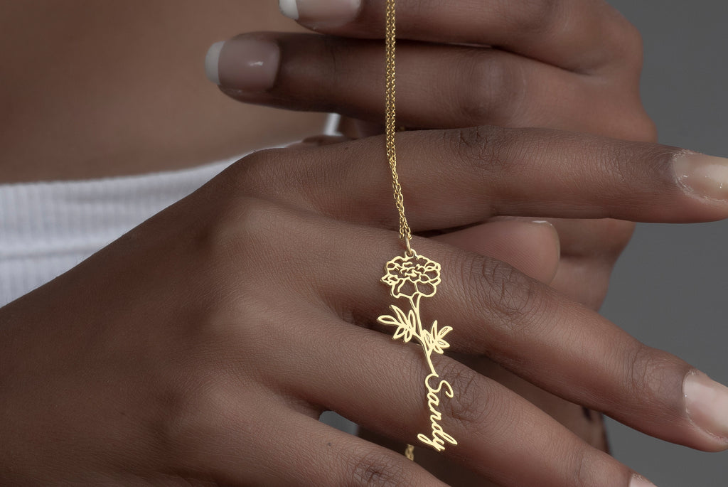 Personalized Birth Flower Name Necklace