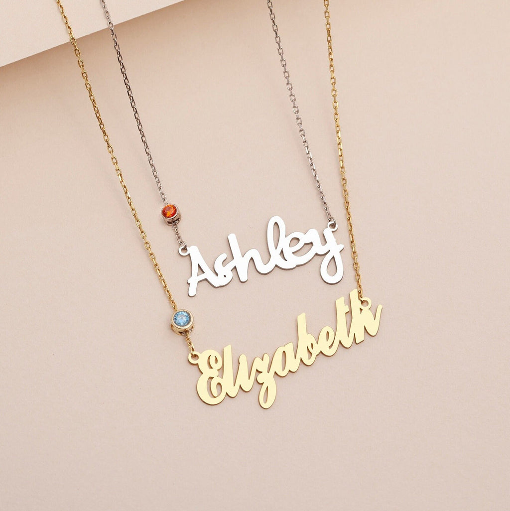 Gold Name Necklace with Birthstone