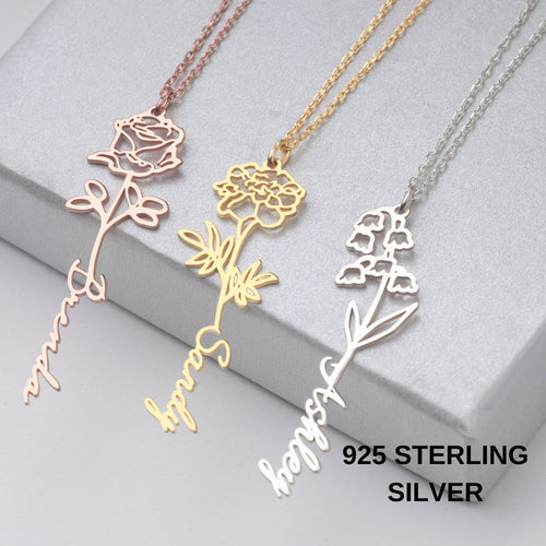 Birth flower name pendants in three finishes