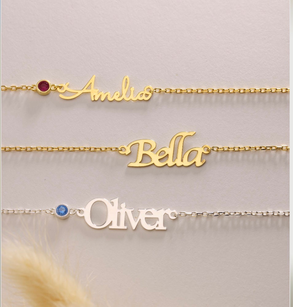 Gold Name Necklace with Birthstone