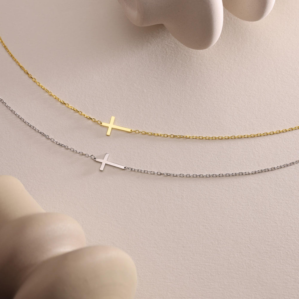 Gold Sideways Cross Necklace