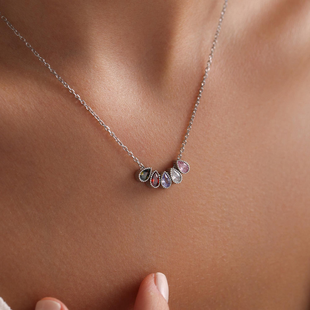 Personalized Sterling Silver Family Birthstone Necklace • Mom/Grandma Gift