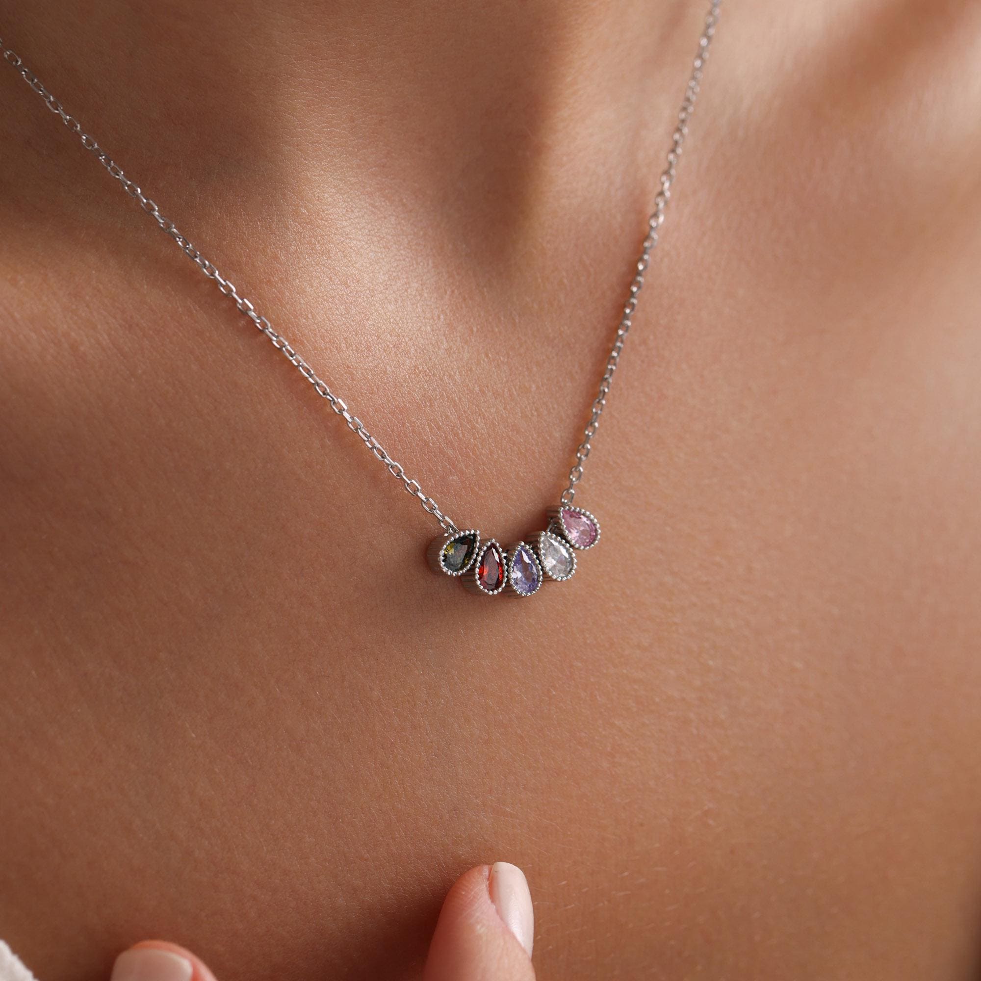 Personalized Sterling Silver Family Birthstone Necklace • Mom/Grandma Gift