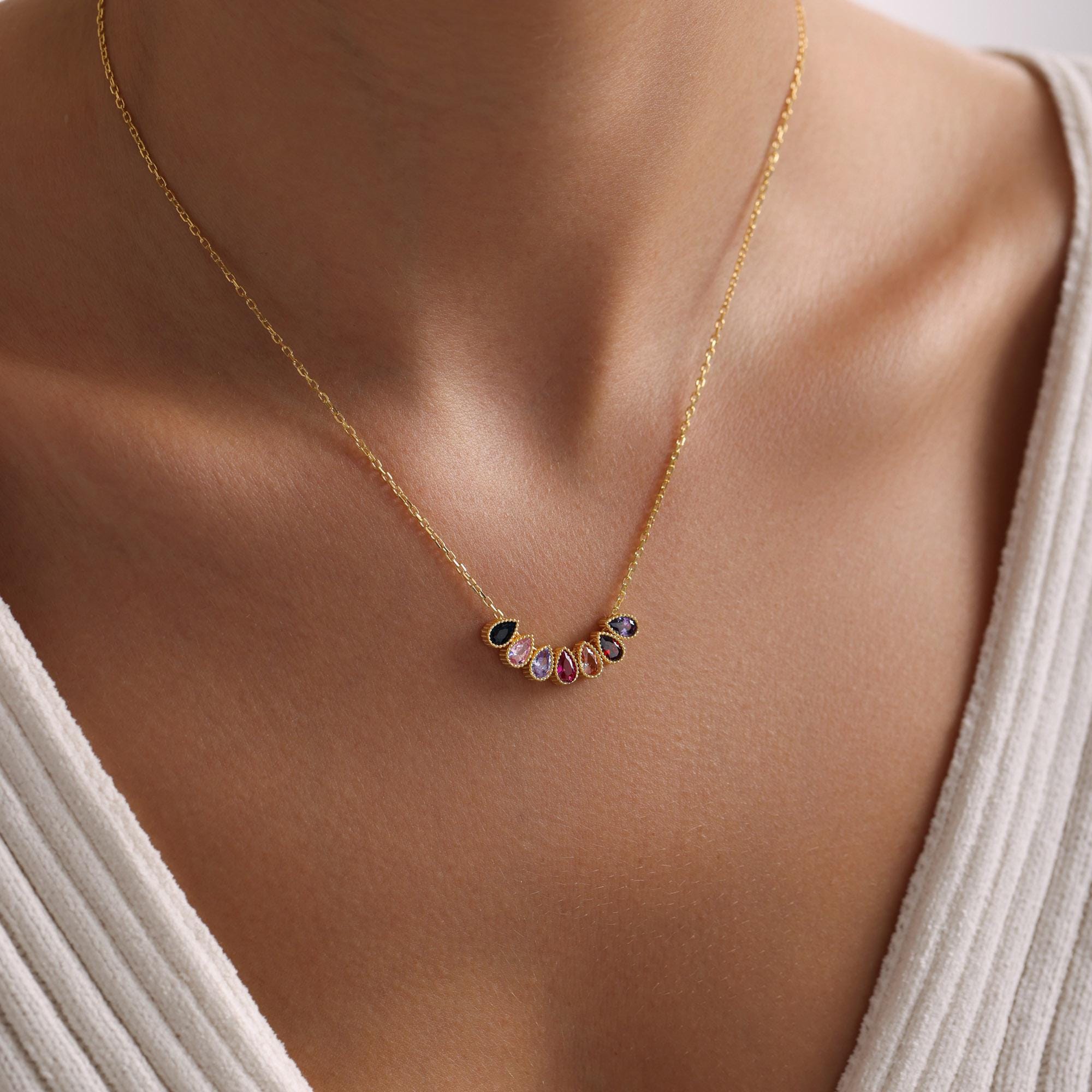 Personalized Sterling Silver Family Birthstone Necklace • Mom/Grandma Gift