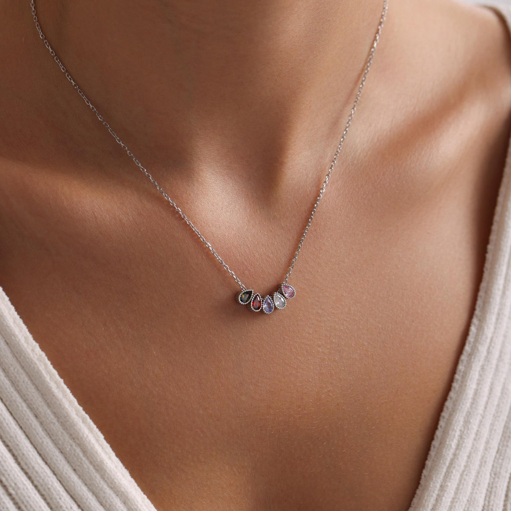 Personalized Sterling Silver Family Birthstone Necklace • Mom/Grandma Gift