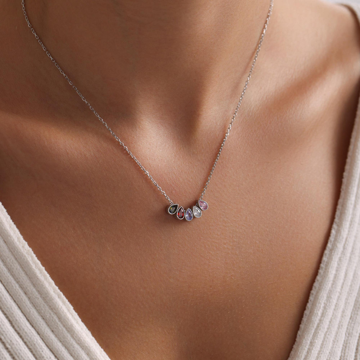 Personalized Sterling Silver Family Birthstone Necklace • Mom/Grandma Gift