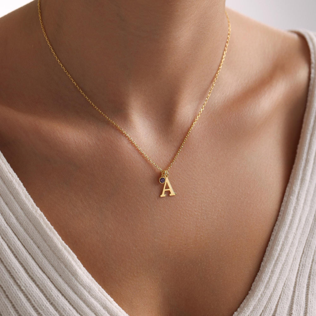 Sterling Silver Initial Necklace with Birthstone