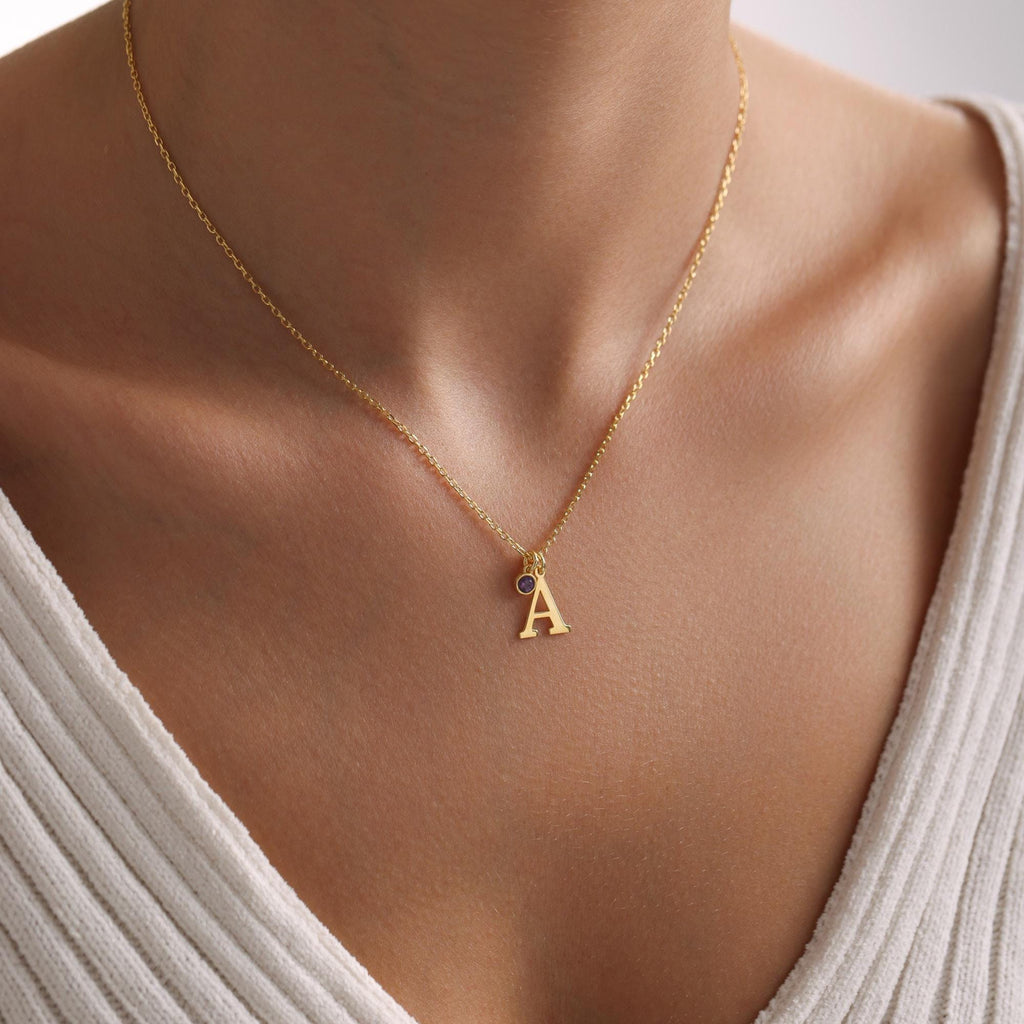 Personalized Initial Necklace with Cubic Zirconia Birthstone