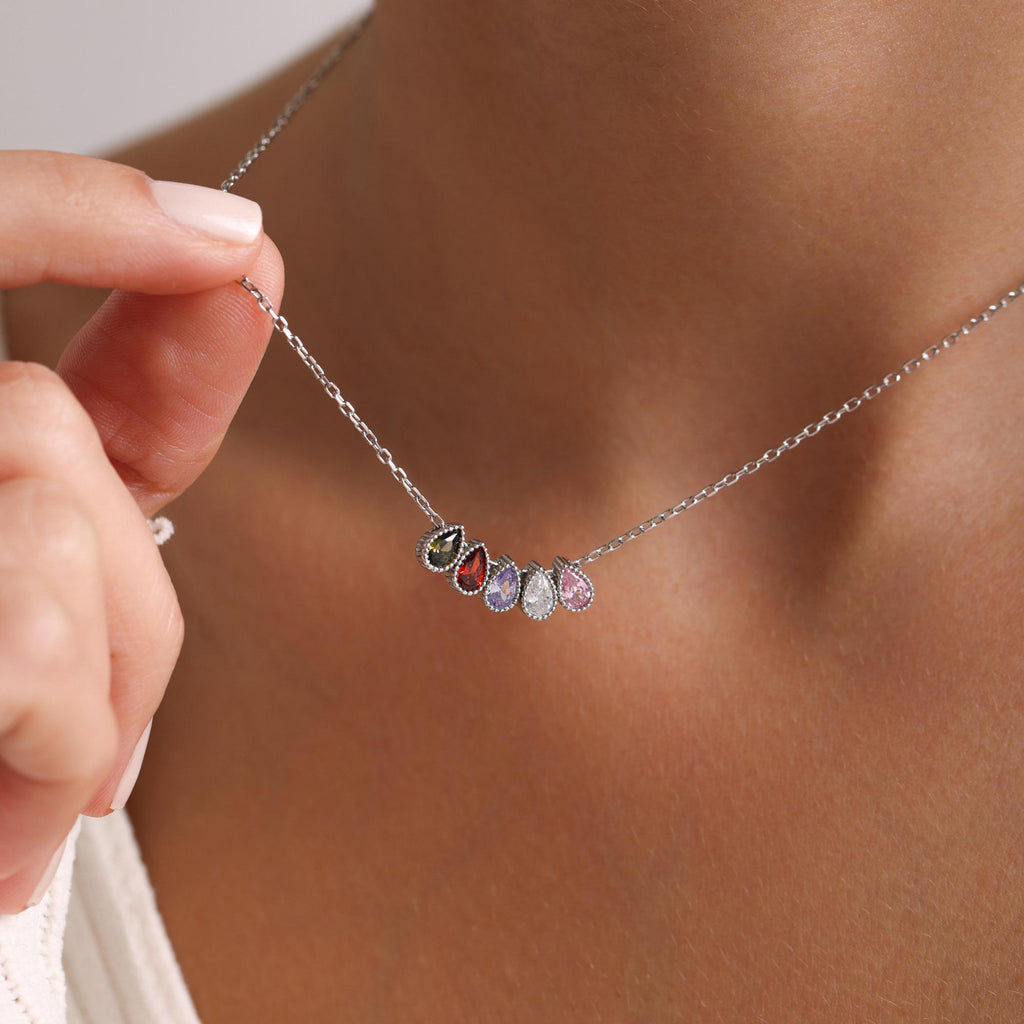 Personalized Sterling Silver Family Birthstone Necklace • Mom/Grandma Gift