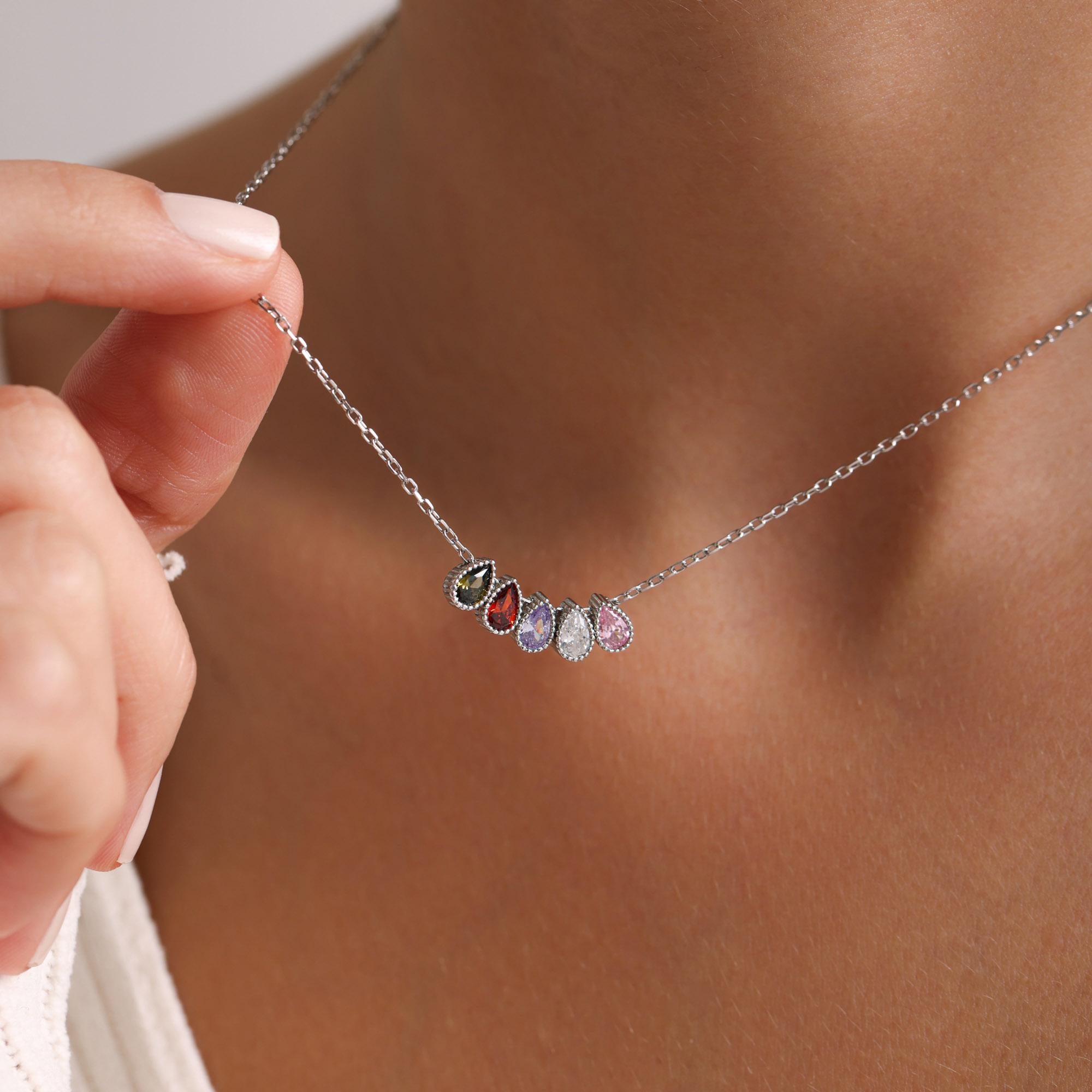 Personalized Sterling Silver Family Birthstone Necklace • Mom/Grandma Gift