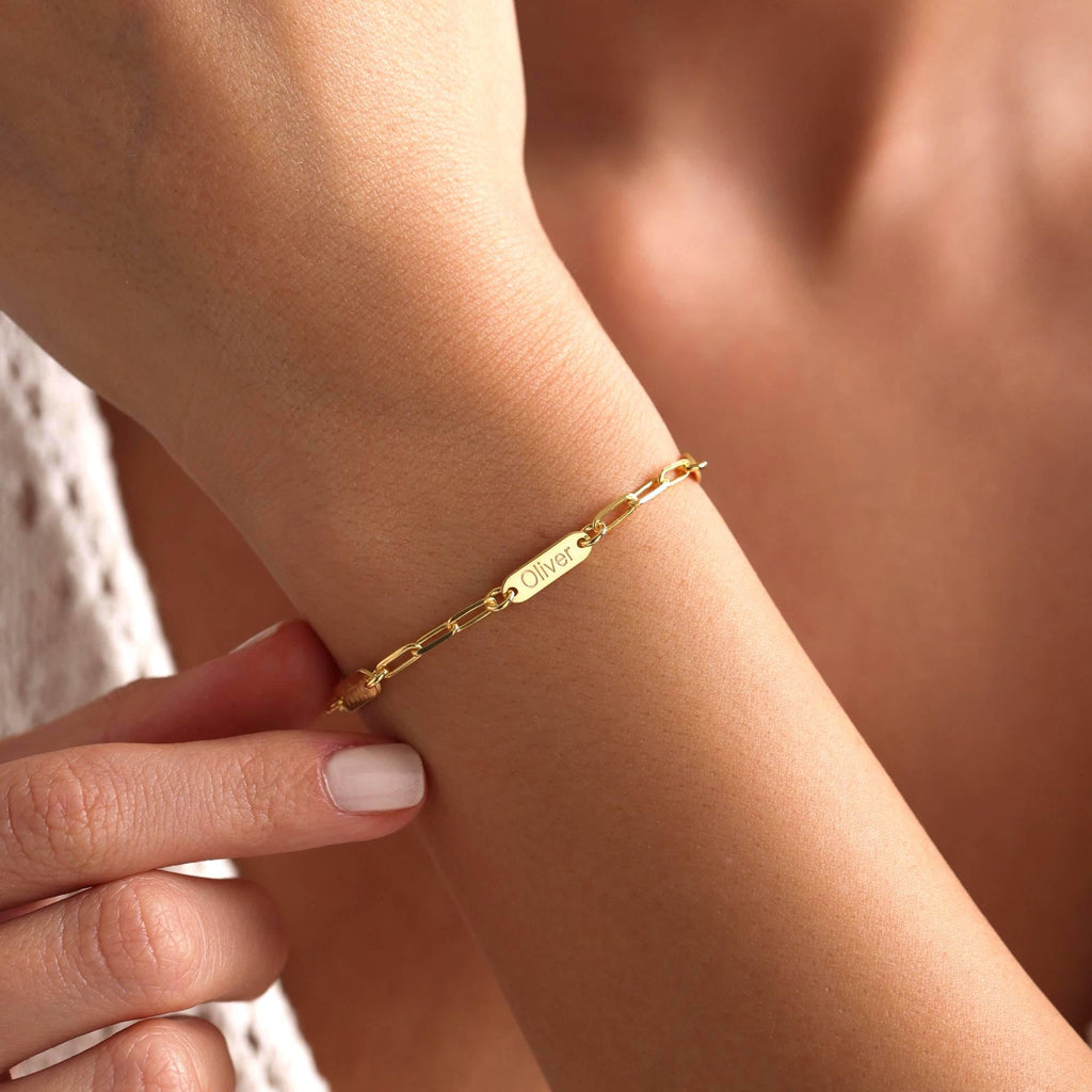 Personalized Name Bar Bracelet • Engraved Dainty Paperclip Chain