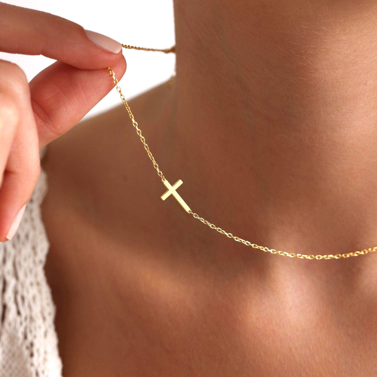 Gold Sideways Cross Necklace