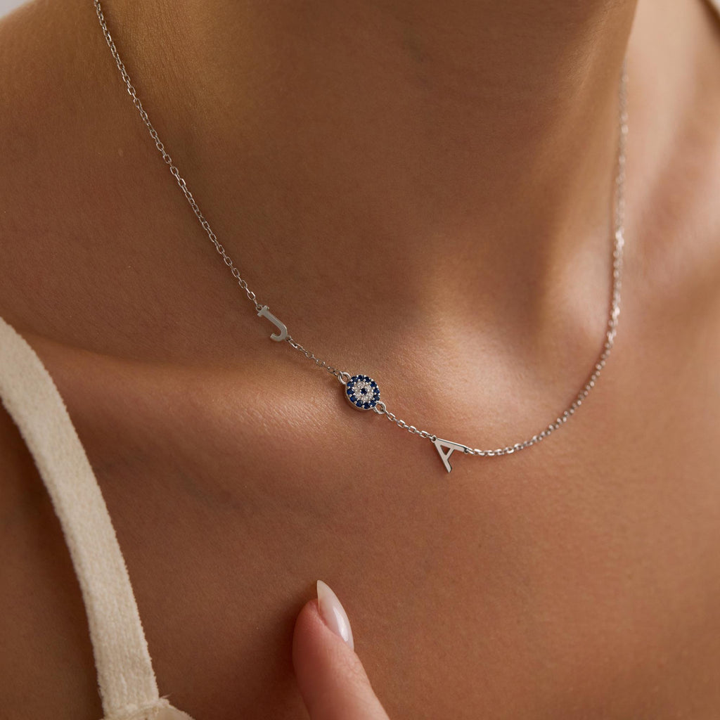 Christmas Protection Necklace • Evil Eye Initial Necklace • Personalized