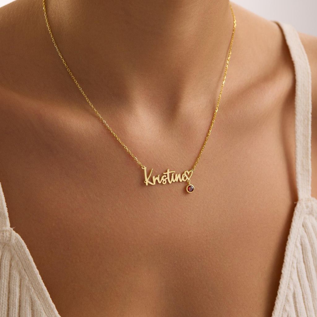 Kids Name Necklace for Mom with Birthstone | Personalized Heart Name