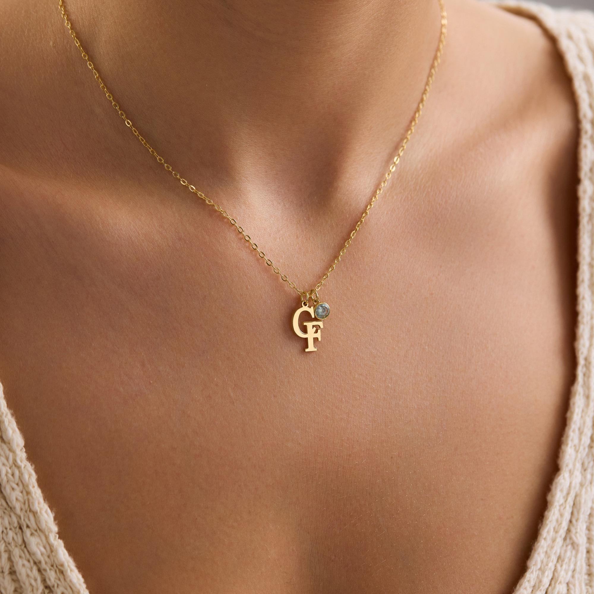 Personalized Two Initial Necklace with Birthstone Charm
