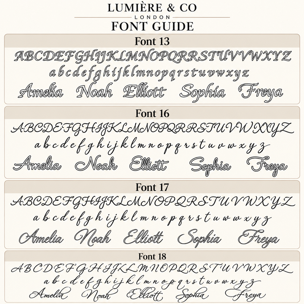 Lumière & Co font guide showing Fonts 13, 16, 17 and 18 with uppercase and lowercase alphabets and sample names.