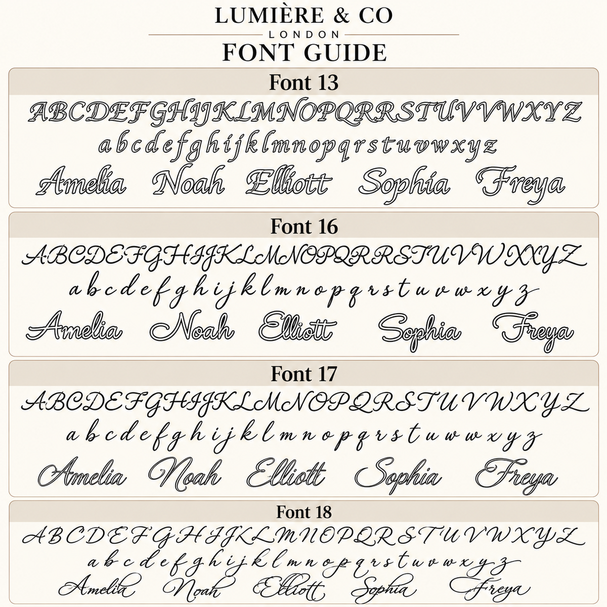 Lumière & Co font guide showing Fonts 13, 16, 17 and 18 with uppercase and lowercase alphabets and sample names.