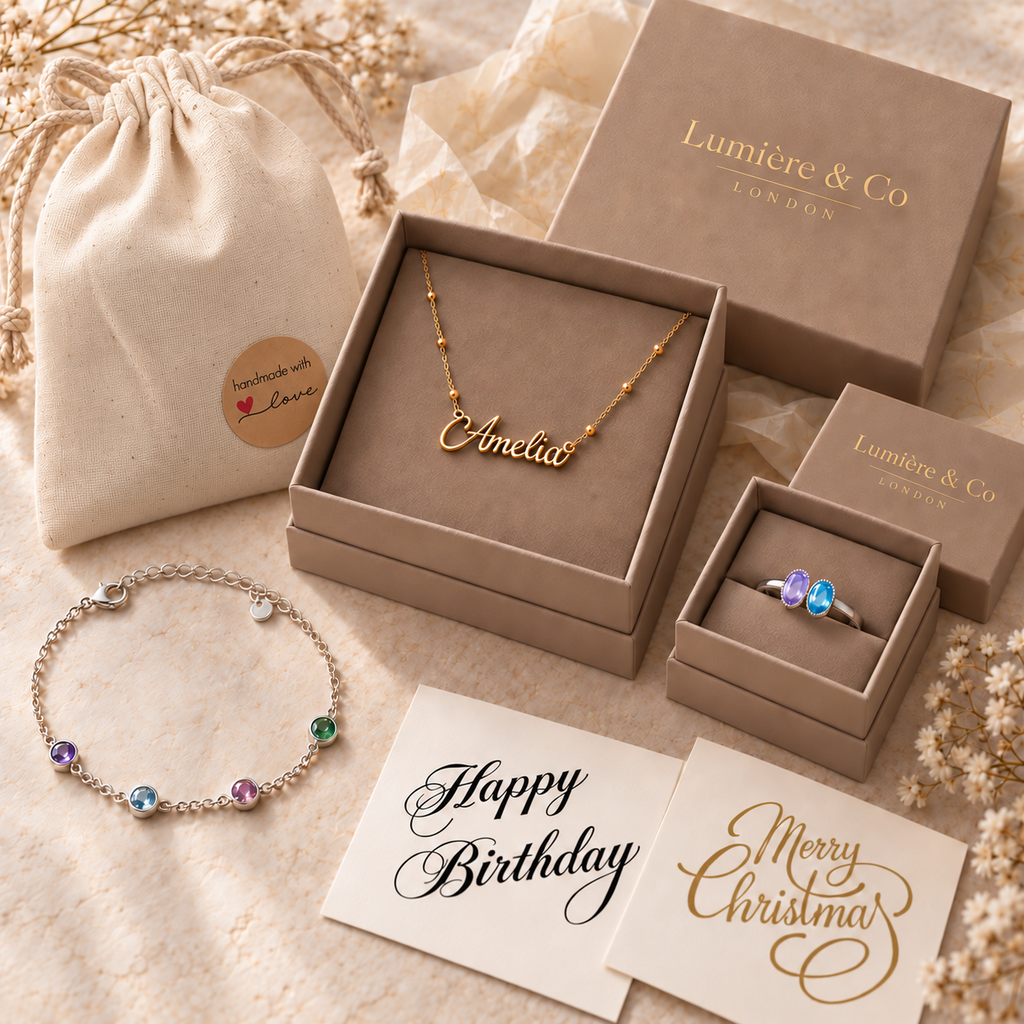 Lumière & Co jewellery pouch and optional gift box packaging; jewellery shown for illustration
