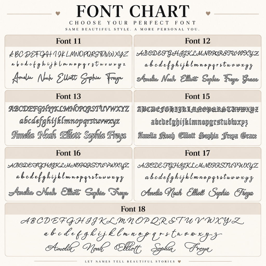 Font guide for personalised jewellery showing fonts 11, 12, 13, 15, 16, 17 and 18, with uppercase and lowercase alphabets and example names.