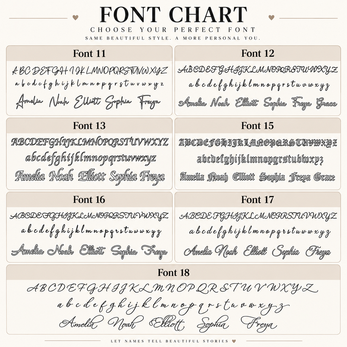 Font guide for personalised jewellery showing fonts 11, 12, 13, 15, 16, 17 and 18, with uppercase and lowercase alphabets and example names.
