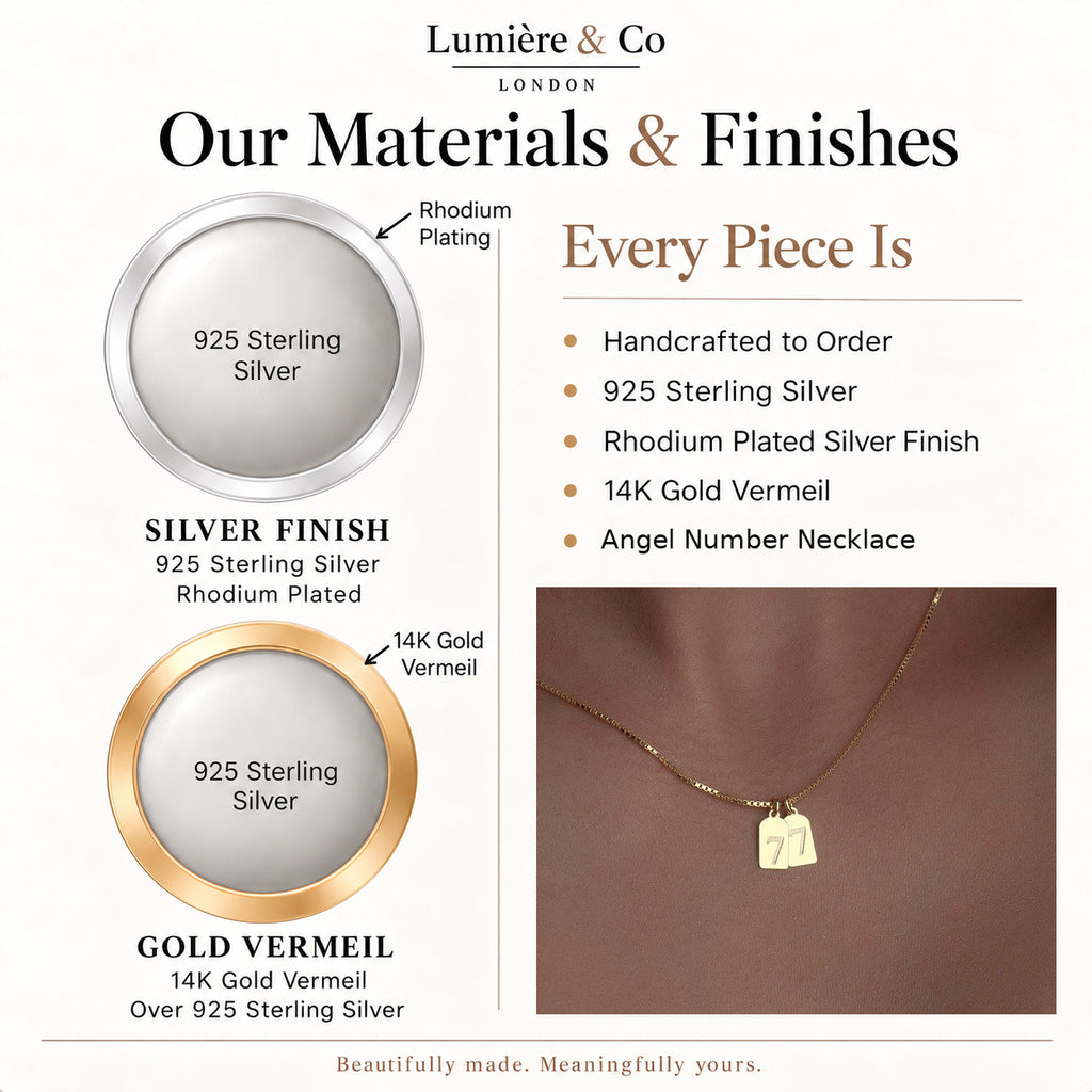Angel Number Necklace in 925 Sterling Silver – materials and finishes: 925 sterling silver, rhodium plated silver and 14K gold vermeil – Lumière & Co London