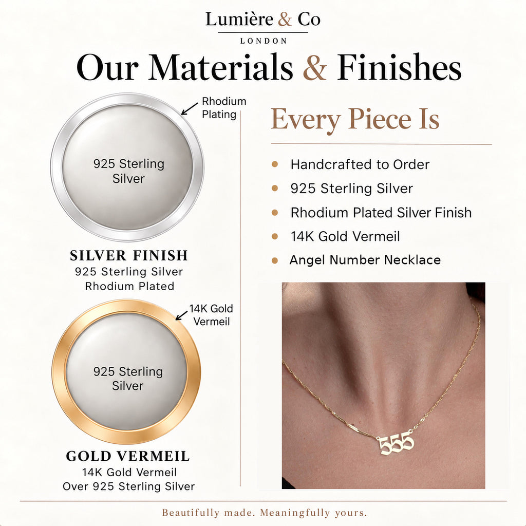 Materials and finishes guide for personalised angel number necklace