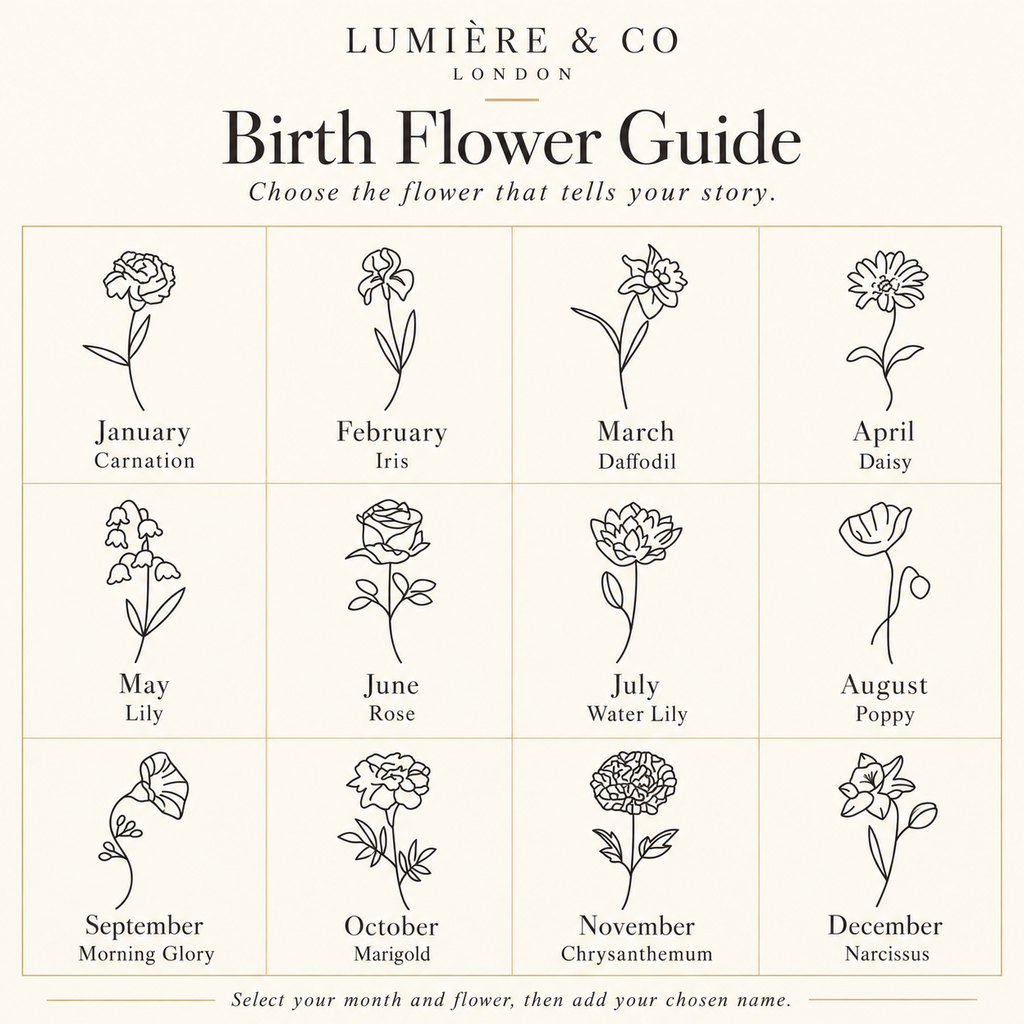 Birth flower guide with month names and flower drawings