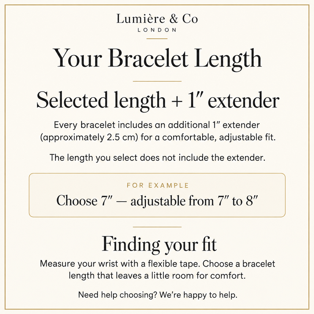 Bracelet length guide: selected length plus a 1-inch extender