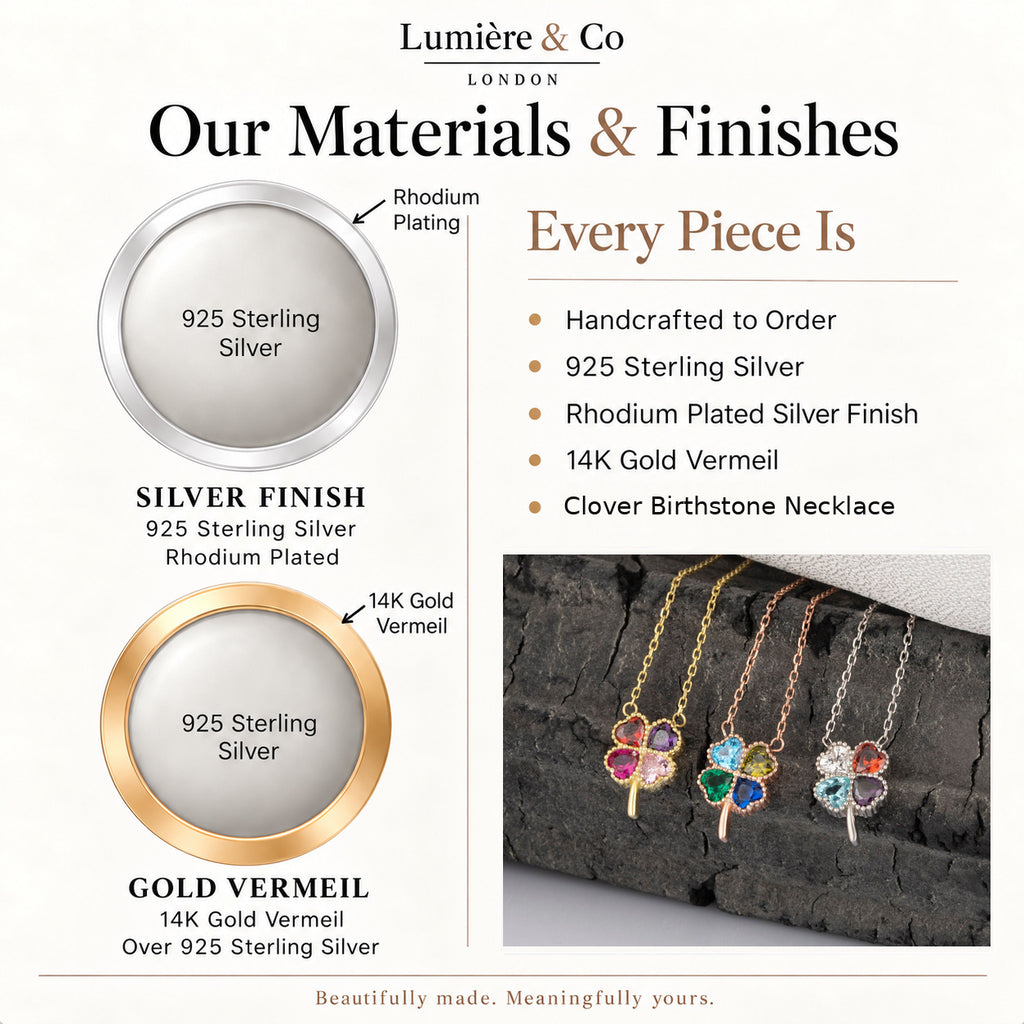 Clover Birthstone Necklace – materials and finishes: 925 sterling silver, rhodium plated silver and 14K gold vermeil – Lumière & Co London