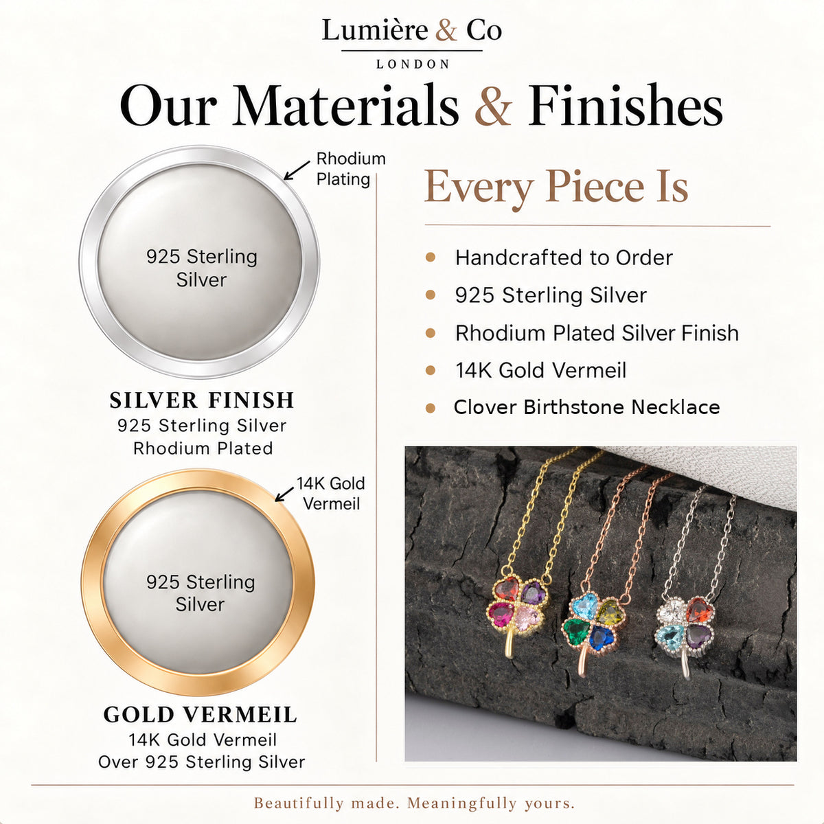 Clover Birthstone Necklace – materials and finishes: 925 sterling silver, rhodium plated silver and 14K gold vermeil – Lumière & Co London