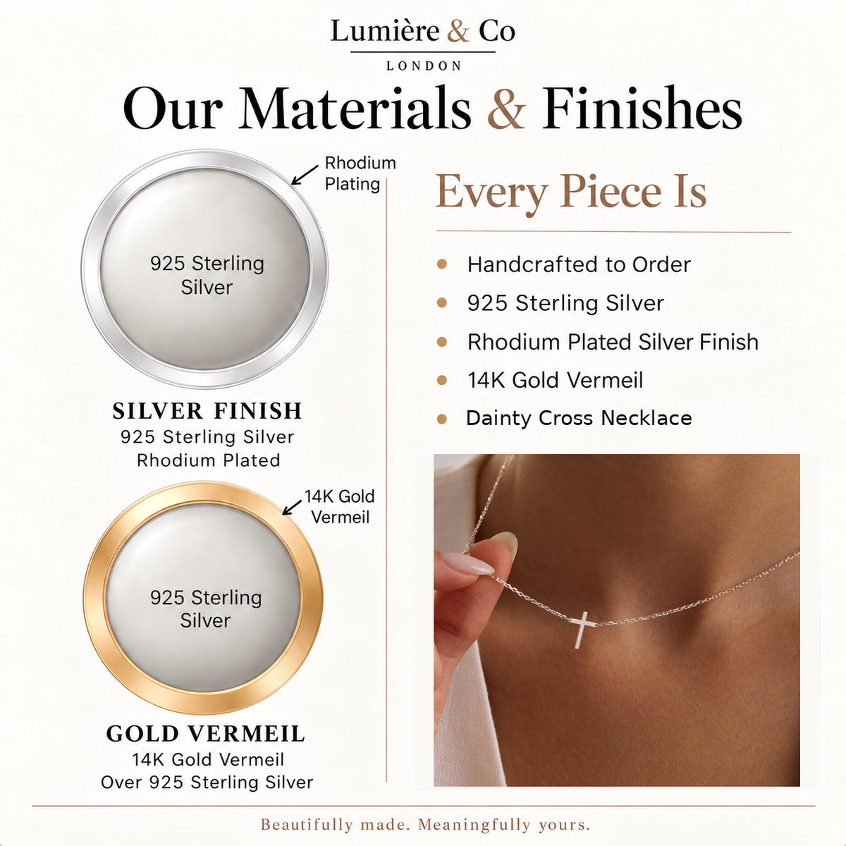 Dainty Cross Necklace – Sterling Silver & Gold Vermeil — materials and finishes