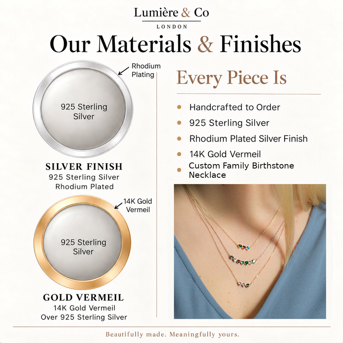 Materials and finishes guide for personalised heart birthstone necklace