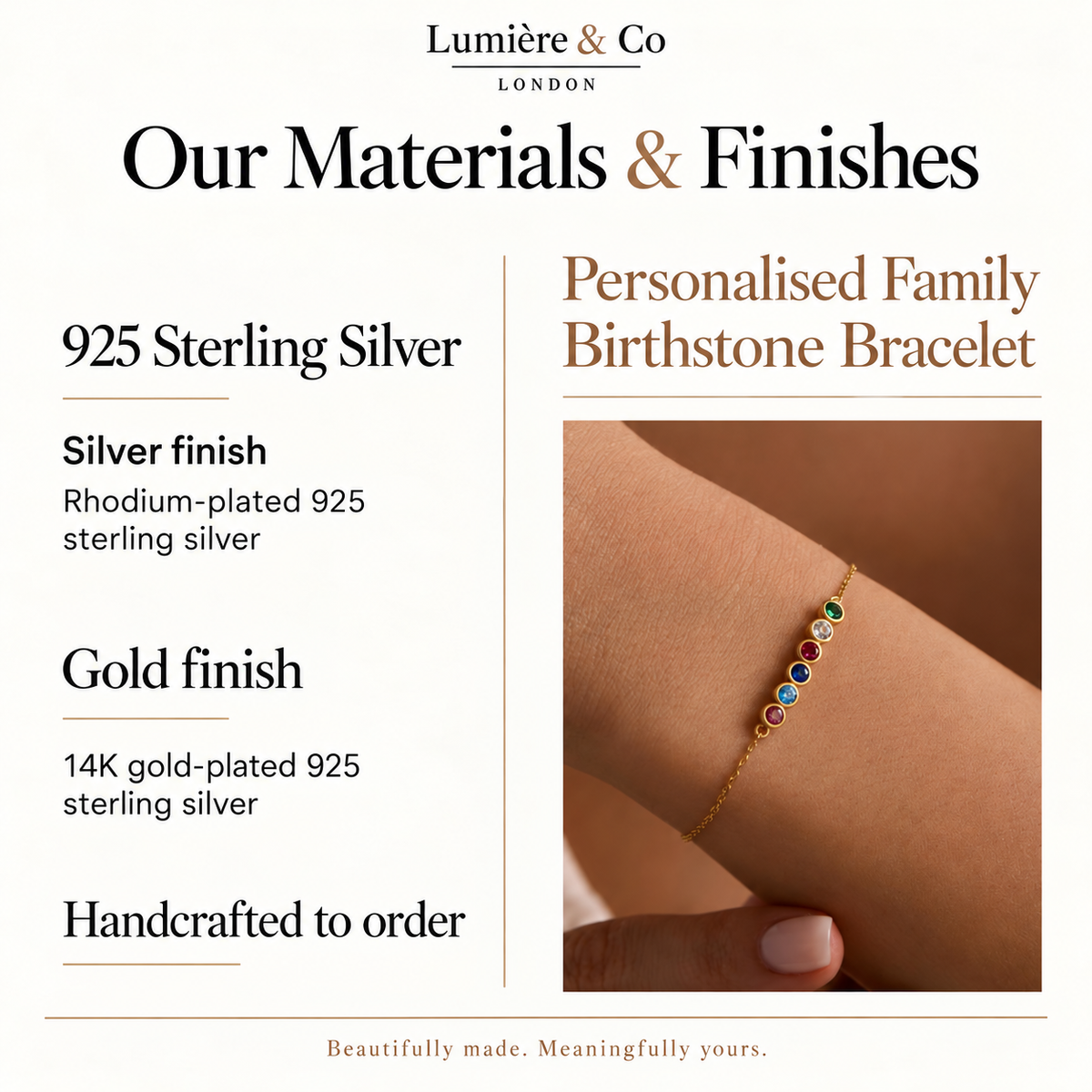 Personalised family birthstone bracelet materials: rhodium-plated 925 sterling silver or 14K gold-plated 925 sterling silver.