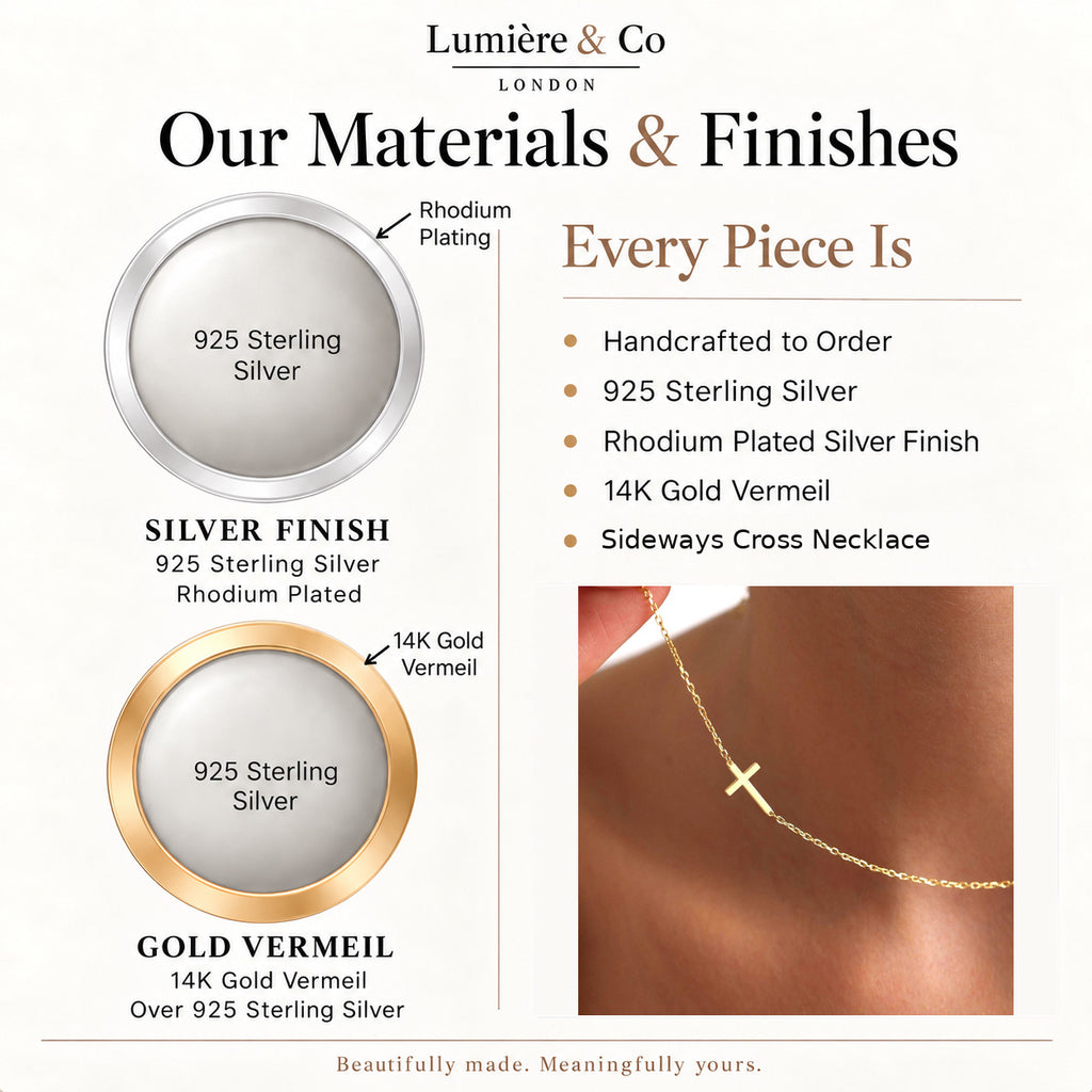 Materials and finishes guide for dainty sideways cross necklace