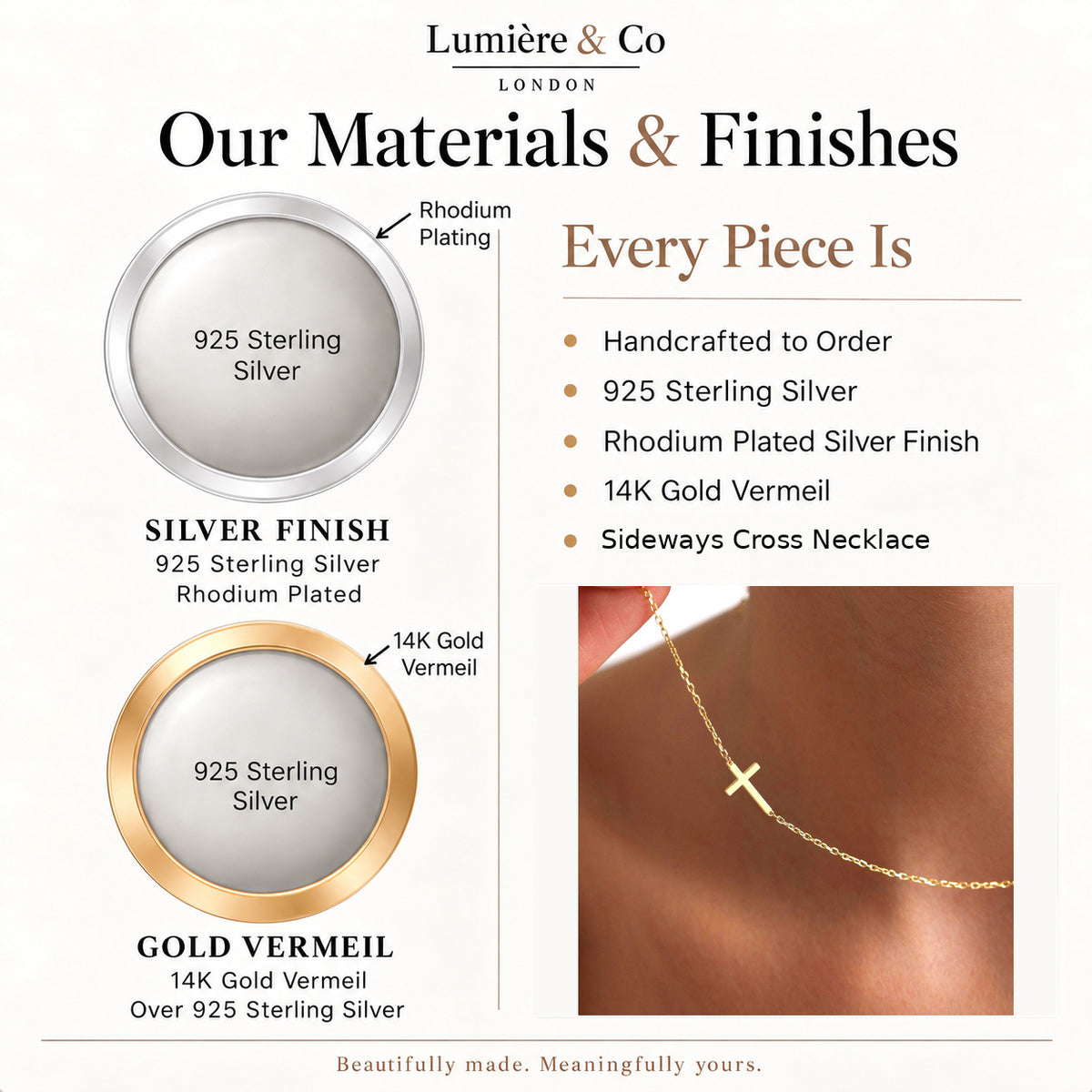 Materials and finishes guide for dainty sideways cross necklace
