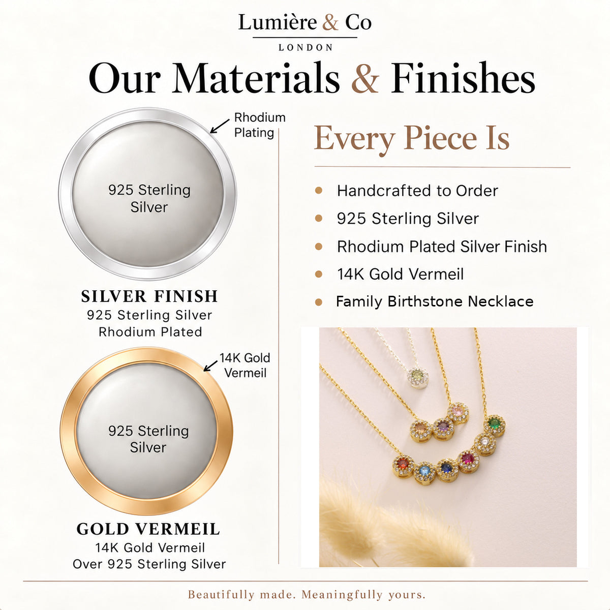 Lumière & Co materials and finish guide for gold vermeil & silver family birthstone necklace