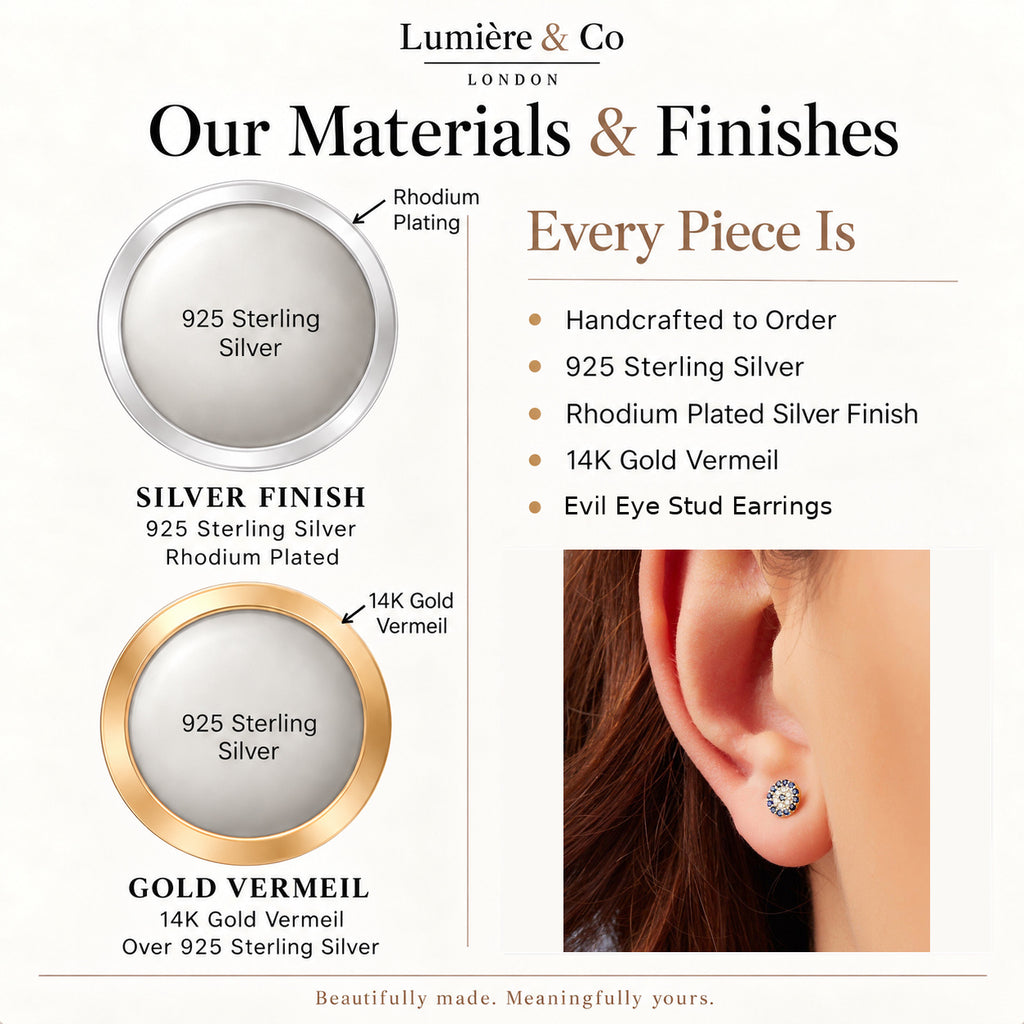 Materials and finishes guide for evil eye stud earrings in sterling silver