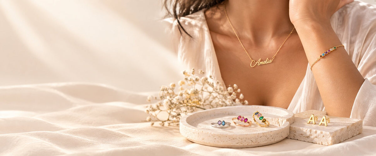 Personalised gold name necklace and colourful birthstone bracelet by Lumière & Co