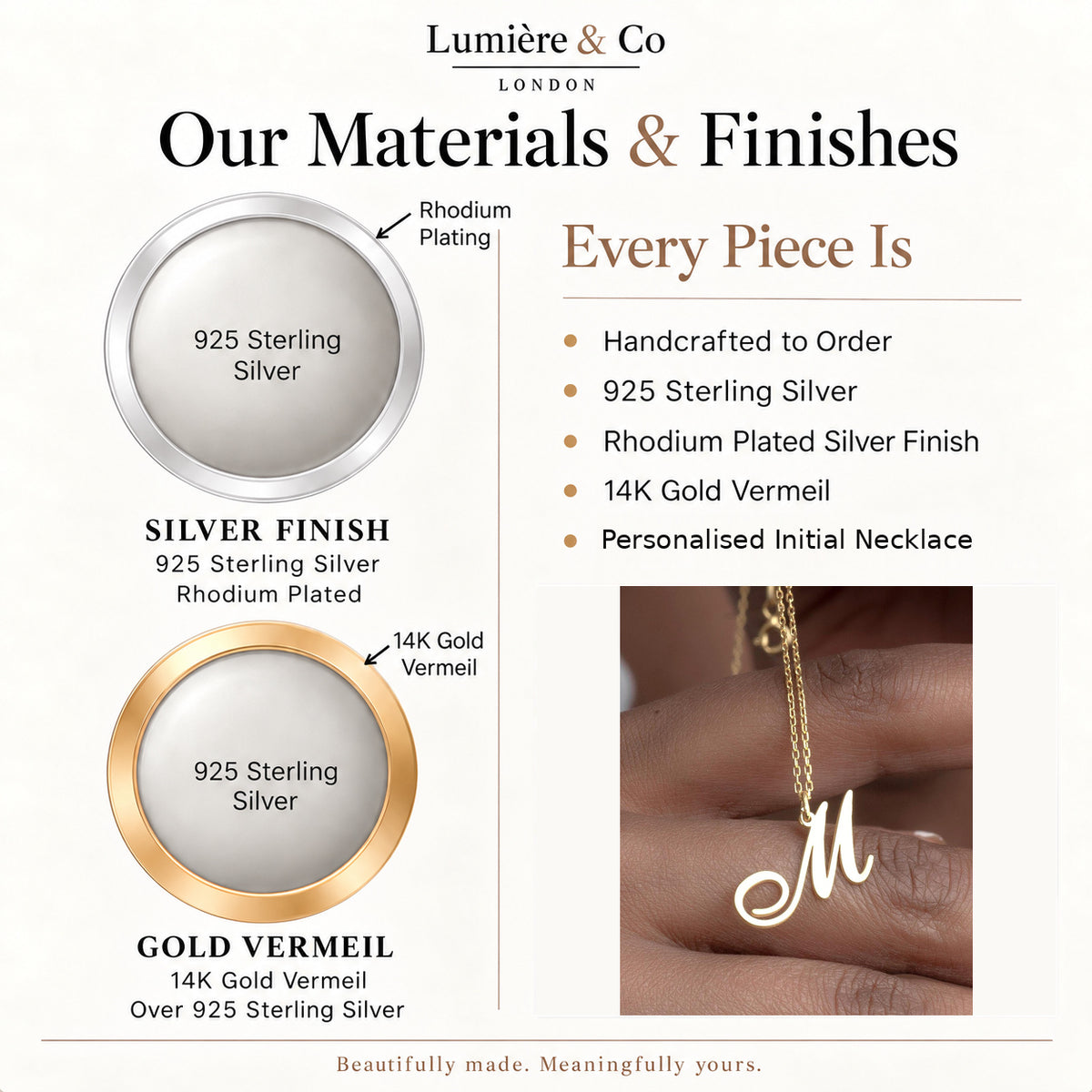 Personalised Initial Necklace – Sterling Silver & Gold Vermeil — materials and finishes