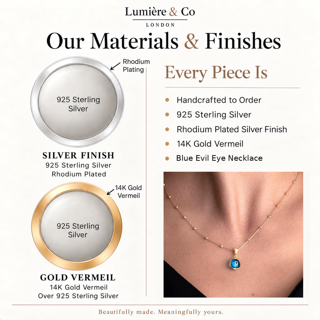 Blue Evil Eye Necklace – materials and finishes