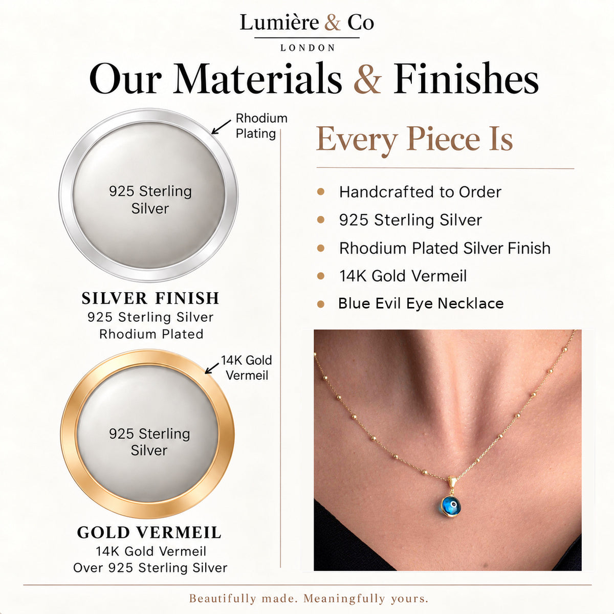 Blue Evil Eye Necklace – materials and finishes