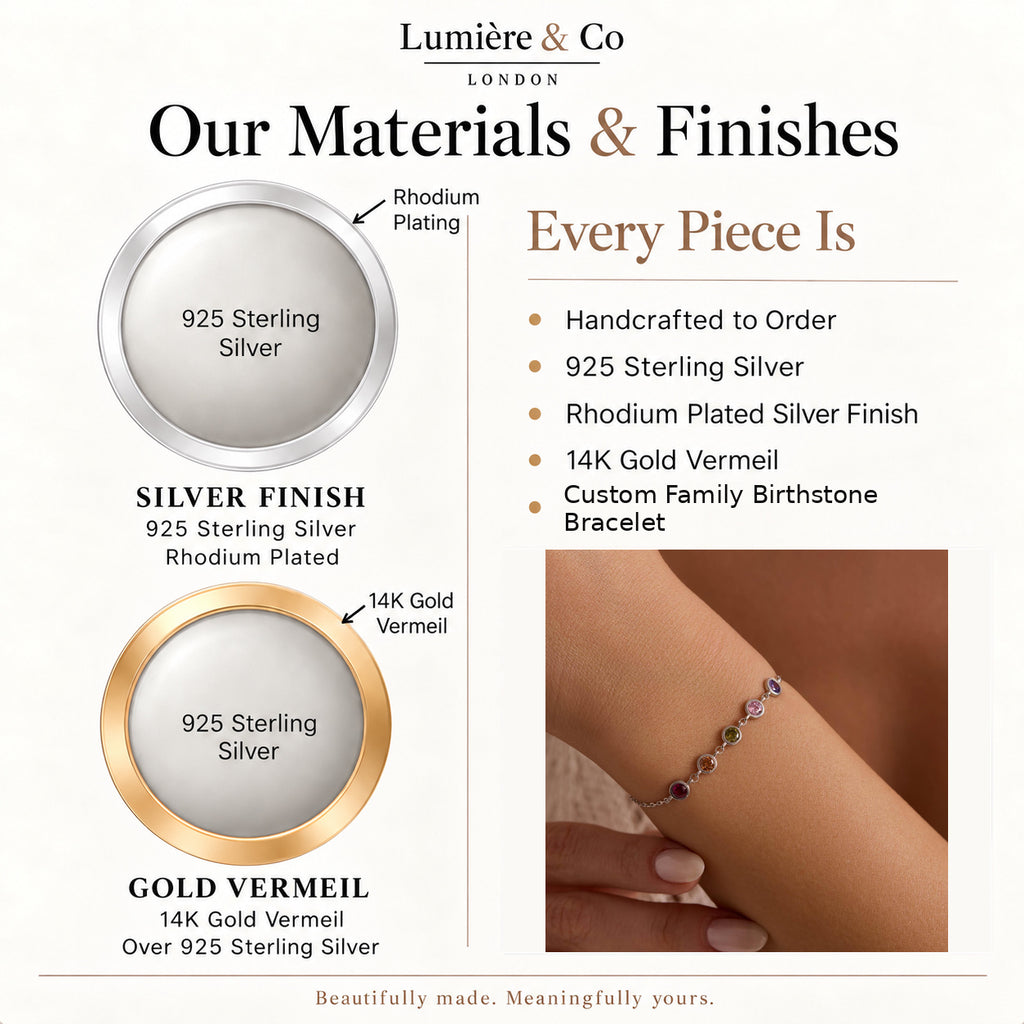 Custom Family Birthstone Bracelet – materials and finishes