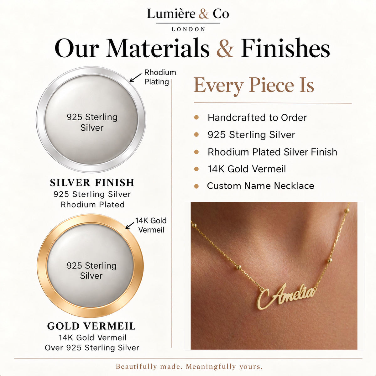 Lumière & Co materials and finish guide for custom name necklace in 925 sterling silver