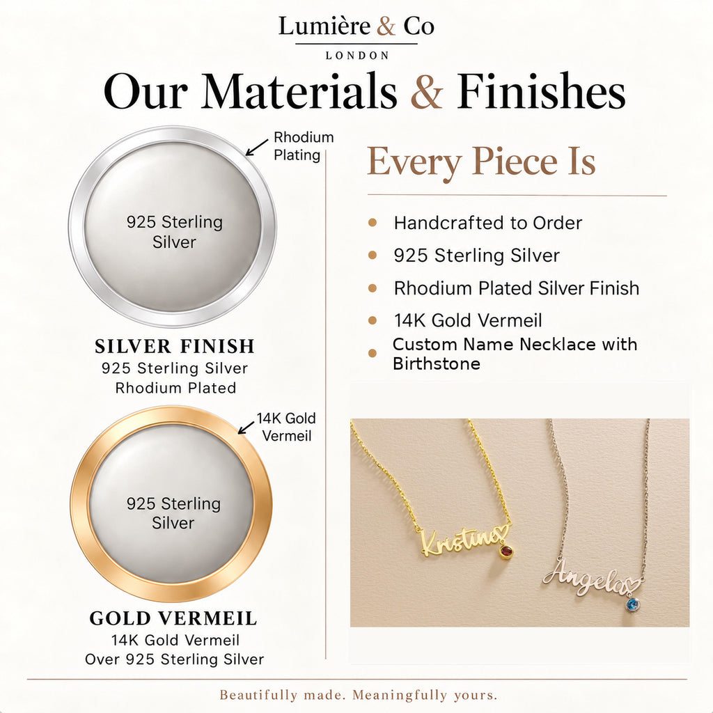 Custom Name Necklace with Birthstone – materials and finishes
